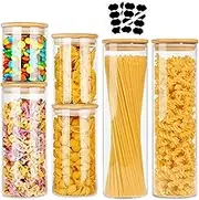 6 Pack Glass Food Storage Jars, Yakiter Food Containers with Bamboo Lids for Pasta, Cookies, Nuts, Coffee Beans, Cereal, Kitchen Canisters, Pantry Organization(15oz+19oz+22oz+26oz+40oz*2)