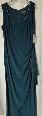 R&M Richards Emerald Formal Long Dress With Jacket Faux Jewels At Neckline Sz 16