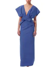 Carolina Herrera V-Neck Fan Bodice Silk Column Gown 6 NoColor