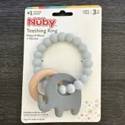 Nuby Natural Wood & Silicone Teether Teething Ring: 3 M+, Elephant, Gray New