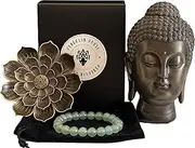 Spiritual Kit - Bronze Buddha Head Statue, Lotus Flower 5 Hole Incense Holder & Green Aventurine Crystal Bracelet