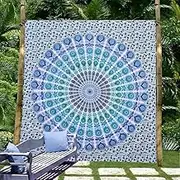 eSplanade Psychedelic Peacock Mandala Wall Hanging Floral Gold Bedding Tapestry Queen Size bedsheet (Blue)