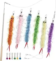 SONGWAY Worm Cat Toy Wand - 6 PCS Cat Worm Toys with Retractable Wand, Interactive Feather Tail Toys for Indoor Cats Kittens