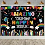 MEHOFOND 7x5ft Amazing Things Happen Here Backdrop Back to School Decorations Banner First Day of School Photography Background Colorful Inspirational Posters Motivational Banner Photo Booth Props