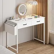 Advwin 100cm Small Desk with 2 Drawers and Storage Bag, Makeup Vanity Desk with Hooks, Home Office Computer Desk for Small Space Bedroom Living Room Workstation, White