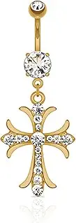 [Pierced Owl] 14G 316L Surgical Steel Celtic Cross with Paved Gems Dangling Belly Button Ring