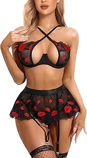 [Avidlove] Garter Lingerie Set for Women with Underwire 3 Piece Woamn Lace Lingerie Set High Waisted Lingerie Set