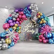 FOTIOMRG 135pcs Disco Balloon Arch Kit With Ball Balloons - Silver, Blue, Green, Purple, Hot Pink, Gold Metallic, Starburst Foil Balloons for Birthday 70S 80S 90S Party Decorations