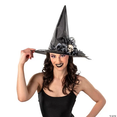 Black Witch Hat Flowers & Skull Polyester 17" x 14" Halloween