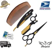 BARBER RAZOR SHAVING BEARD BUNDLE SALON HAIRDRESSING SCISSORS +10 BLADE