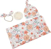 RIZGHWOY Newborn Floral Print Swaddle Blanket Breathable Soft 4 Piece Set for Baby Nursery Sleep,Headband Included (Type 1)