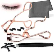 Kalevel Eyelash Curler Mini Partial Eyelash Curler Eyebrow Tweezers 3 in 1 with Replacement Refill Pads and Travel Bag Rose Gold