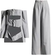 [Generic] Women's Striped Two-Piece Strapless Long Sleeved Patchwork Waistband Hollowed Out Top High Waisted Pants Set