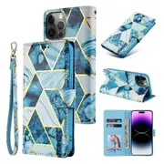 For Apple iPhone 15 Pro Case Fashion Marble Painting Pattern Flip Wallet Case Leather Card Slots Stand Cover (Blue)