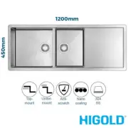 Stainless Steel Kitchen Sink - 1 and 1/2 Bowl with Drainer - 1200mm - Nano