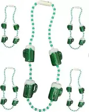 ST PATTY'S Vibrant Green and White Beaded Necklace w/Flashing Green Beer Mug 5pk