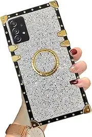 [ZBCLV] A14 for Samsung Galaxy A14 5G Bling Case,Luxury Bling Glitter Sparkle Cute Gold Corner Soft Trunk Cover with Finger Ring Grip Kickstand Phone Skin,White