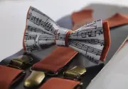 Black White Burnt Orange Sheet Music Notes Bow tie + Rust Suspenders Braces
