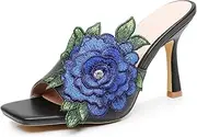 [ETORYOOX] Women's Open Toe Leather Flowers Embroidery Stilettos Heel Sandals,Casual Square Toe Slip On Backless Mules,Sexy Dress White Wedding Party Shoes