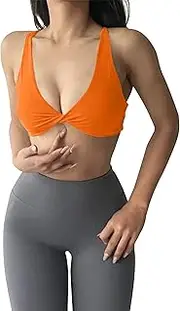 [Meladyan] Women Workout Twist Front Sports Bra Deep V Neck Criss Cross Back Bralette Backless Sleeveless Yoga Crop Tank Cami
