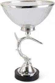 K&K Interiors Glass 17.75 Inch Etched Bowl on Antler Pedestal with Marble Base