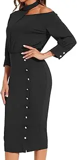 shengfan Women's Casual Long Sleeve Work Bodycon Midi Dresses Round Neck Formal Wedding Cocktail Party Wrap Pencil Dress