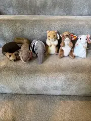 Lot Of 6 Beanie babies Hedgehog, Chipmunk, Ant Eater, Hamster, Squirrel, Mouse