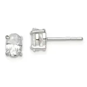 Sterling Silver Polished 5X7mm Oval Basket Set Cz Stud Earrings