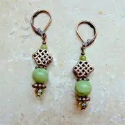 Irish Connemara Marble Copper Celtic Knot Lever Back earrings with Crystals