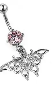 316L Surgical Steel Vintage Butterfly Dangle PINK CZ Navel Belly Ring