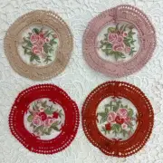 Set of 4 Woven Placemat Coaster Round Mini Doily Lace Embroidered Tablecloth Kit