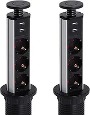 LEUTED Pack of 2 3-Way Retractable Table Socket Surge 2 USB Table Power Strip with Child Lock and 1.8 m Cable, Multiple Socket for Office Kitchen, Diameter 60 mm, Black