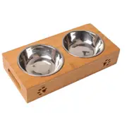 Cat Dog Pet Stainless Steel Feeding and Drinking Bowls Combination With Bamboo Frame, Size:S