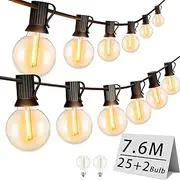 LED Outdoor String Lights 7.6m (25FT) – 25+2 G40 Shatterproof Bulbs, Waterproof & Connectable, Warm White Globe Patio Lights for Garden Balcony Deck Wedding Party Outdoor Decor