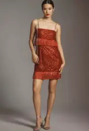 NWT Saylor Caitriona Sequin Fringe Mini Dress Anthropologie Red, Small Petite!