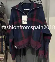 ZARA NEW WOMAN CHECK HIGH COLLAR PLAID KNIT JACKET BLUE S,M,L 5802/004