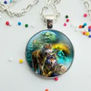 WOLF WOLVES MOON TREE charm pendant 20" Necklace is Sterling Silver 925 chain