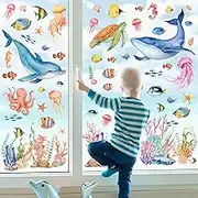 wondever Ocean Theme Animal Window Clings Under The Sea Whale Fish Turtle Glass Sticker Decal Anti Collision Double-Side Static Window Stickers for Home Glass Window