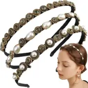 NAIHOD 3 Pcs Pearls Rhinestones Thin Headbands for Women Girls Baroque black