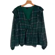 Torrid Womens Chiffon Ruffled Surplice Crop Top Green Plaid Long Sleeve Blouse S