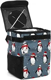 Car Trash Can with Lid,Bag Hanging Storage Pockets Leak-Proof,Portable Garbage Bin,Winter Snowflake Penguin