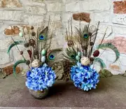 Set Of Two Matching Blue Hydrangea Flower Arrangements with Peacock Feathers 20"