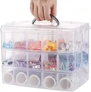 Anstore Craft Storage Box with Compartments, 3-Tier 30 Sections Transparent Stackable Plastic Box Organiser with Handle, Clear Plastic Storage Boxes for Smaller Items, Jewelry, Sewing Accessories