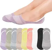[Hopton] 9 Pairs of Women's Socks, 35-40 Multi-Colour Trainer Socks, Invisible Breathable Ballerina Socks with Non-Slip Silicone for Loafers, Flat Shoes, Trainers, Black, white, blue, yellow, khaki,