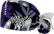 [WOSHJIUK] Working Hat 2 Pack Scrub Caps for Women,Leopard Zebra Tiger and Leaves,Tie Back Cap Adjustable Scrub Hat