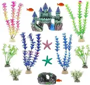 Fish Tank Decorations,Aquarium Decor 15Pcs,Aquarium Plants for Fish Tank Accessories,Small Resin Castle and Rockery Betta