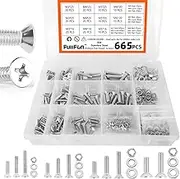 665PCS M3 M4 M5 M6 Flat Head Phillips Machine Screws Bolts Nuts Assortment Kit, 304 Stainless Steel Metric Screws with Nuts, Locks and Flat Gasket Washers with Labeled Case