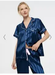 Peter Alexander Short Sleeve & Pant Navy Penny Satin Stripe Pj Set RP$139 Boxed