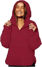 [VESNIBA] Women's Quilted Pullover Puffer Jacket Oversized Long Sleeve Hooded Coats Winter Warm Lightweight (Red-c, M)