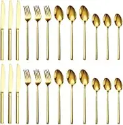 Oimzzr Silverware Set for 4 24-Piece Stainl Steel Flatware Cutlery Set Mirror Polished Dishwasher Safe Kitchen Utensil Include Knives/Forks/Spoons Tableware for Home/Hotel Restaurant Gold 24pcs Set